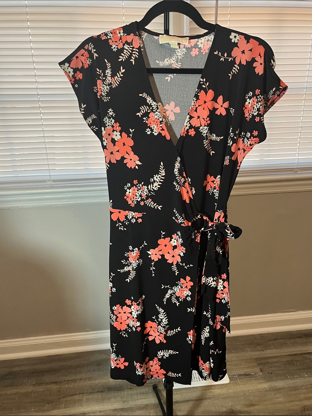 Michael Kors Black Wrap Dress with Coral Floral Print